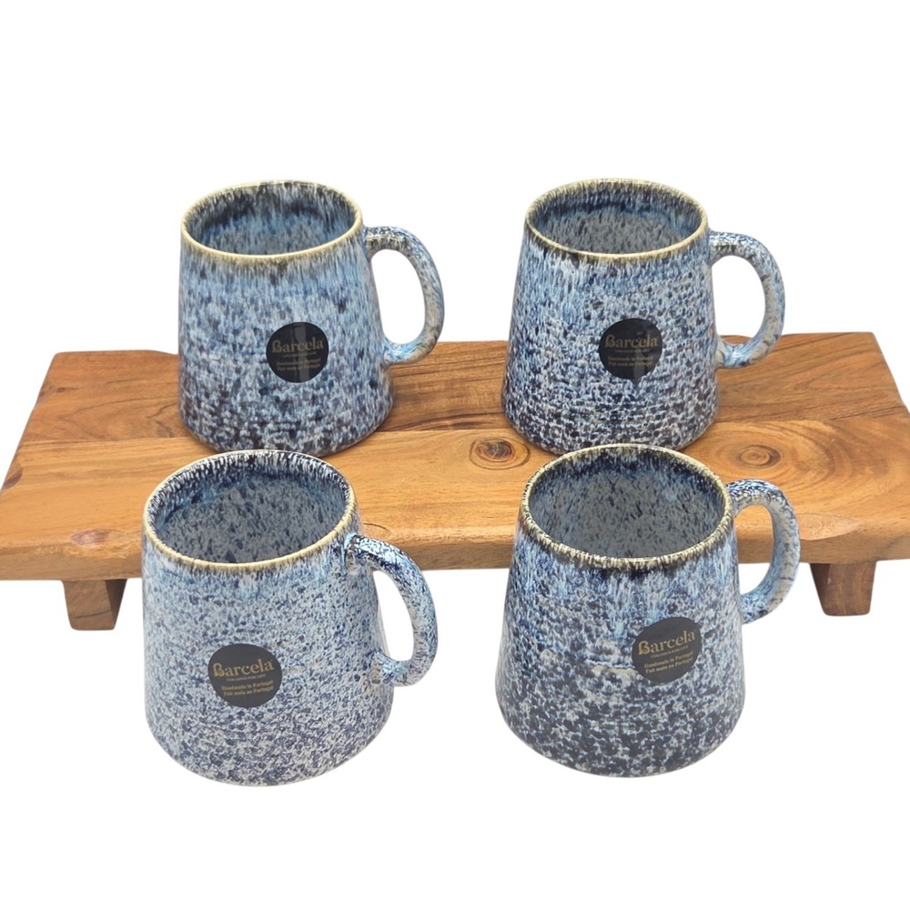 Barcela Stoneware Coffee Mug Set of 4 Blue Reactive Drip Glaze Made In Portugal